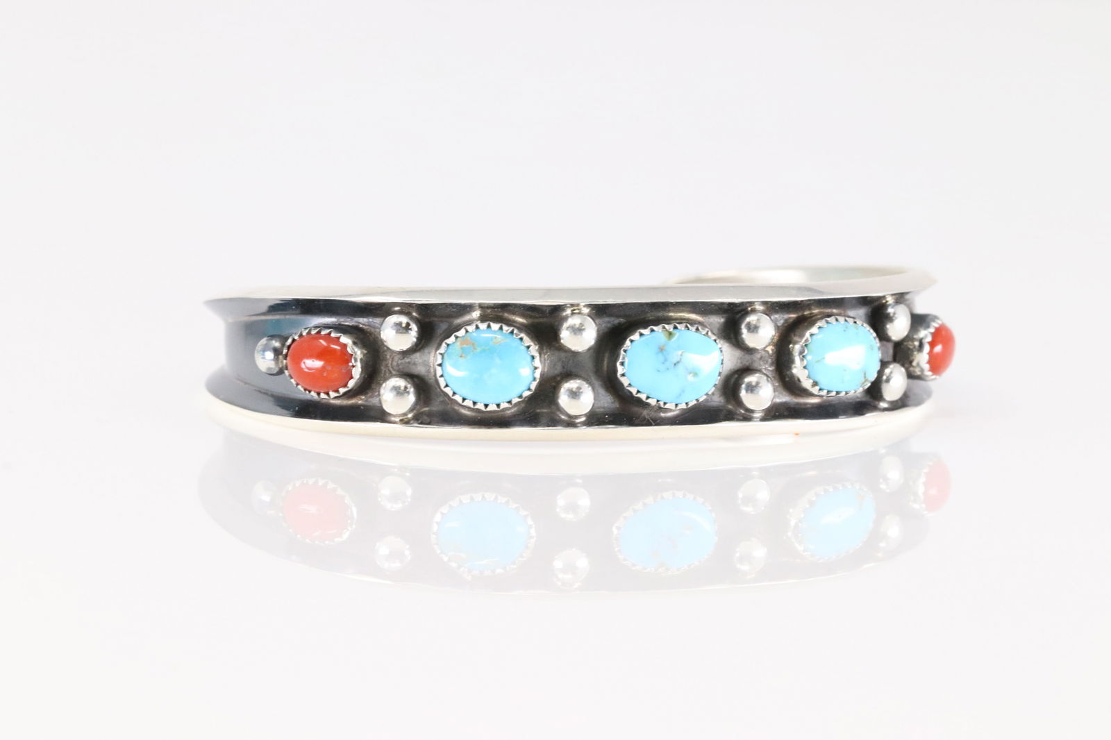 Native America Navajo Sterling Silver Coral & Turquooise Bracelet Cuff By Paul Largo.: This is a Native America Navajo Sterling Silver Coral & Turquooise Bracelet Cuff By Paul Largo.