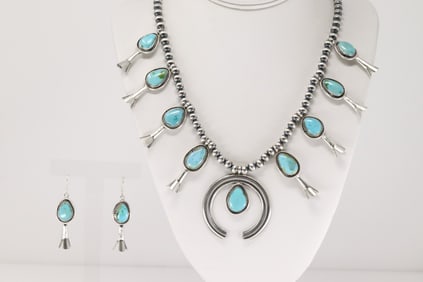 Native America Navajo Sterling Silver Turquoise Squash Blossom Necklace & Earring's Set By Tom