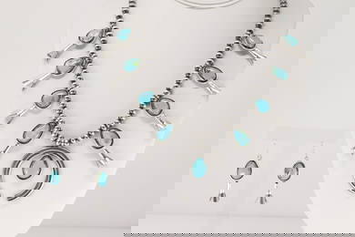 Native America Navajo Sterling Silver Turquoise Squash Blossom Necklace & Earring's Set By Tom