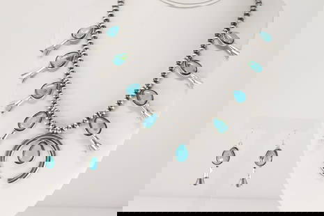 Native America Navajo Sterling Silver Turquoise Squash Blossom Necklace & Earring's Set By Tom: This is a Native America Navajo Sterling Silver Turquoise Squash Blossom Necklace & Earring's Set By Tom Lewis. Necklace length: 20.00"