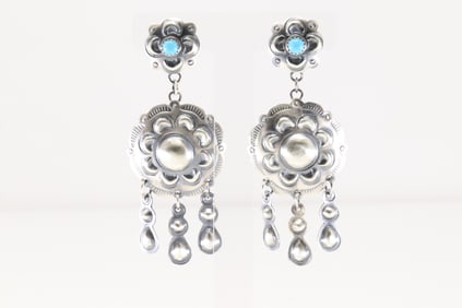 Native America Navajo Sterling Silver Turquoise Post / Dangling Earring's By Loritta Chee.