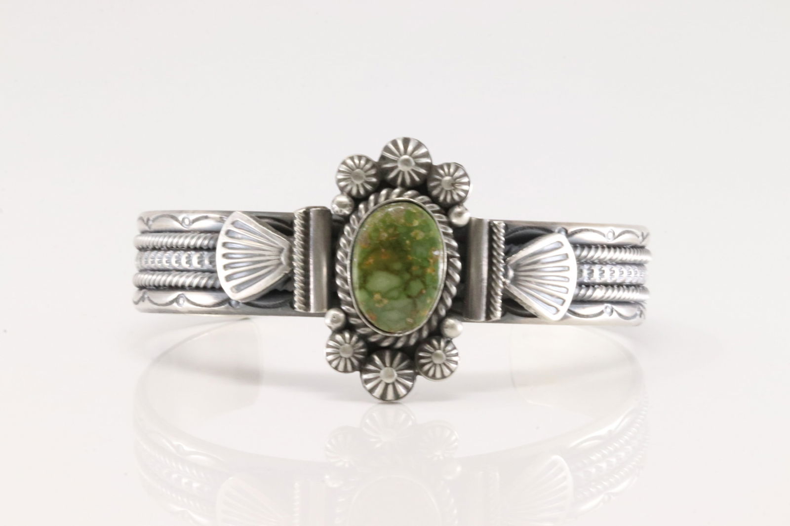 Native America Navajo Sterling Silver Sonora Gold Turquoise Bracelet Cuff By M.C.: This is a Native America Navajo Sterling Silver Sonora Gold Turquoise Bracelet Cuff By M.C.