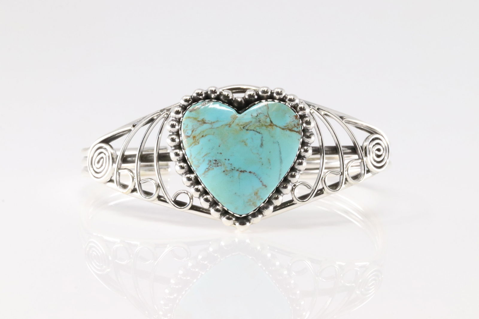 Native America Navajo Sterling Silver Kingman Turquoise Heart Bracelet Cuff By Jimmy Garcia.: This is a Native America Navajo Sterling Silver Kingman Turquoise Heart Bracelet Cuff By Jimmy Garcia.