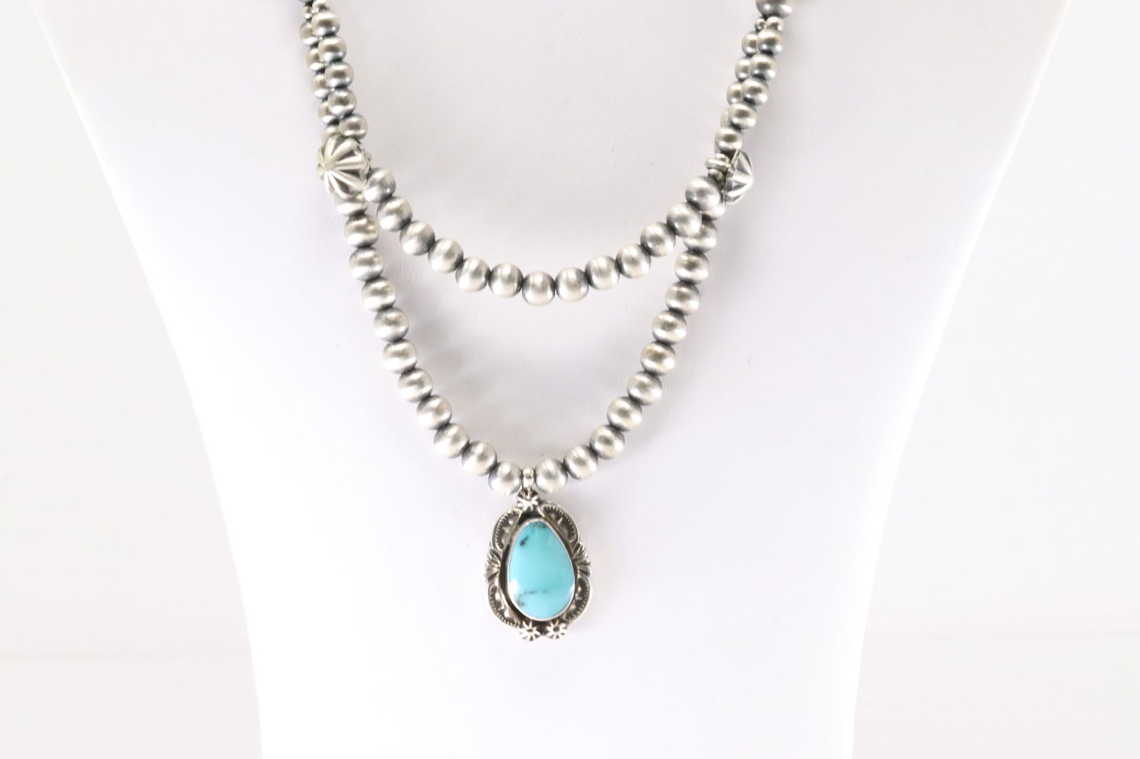 Native America Navajo Sterling Silver Double Beaded Strand Turquoise Necklace By Lucinda Sardo. (1 of 4)