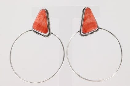 Native America Navajo Sterling Silver Spiny Oyster Hoop Post Earring's By Elouise Kee.