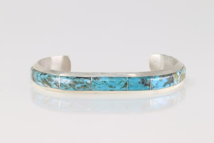Native America Navajo Sterling Silver Kingman Turquoise Inlay Bracelet Cuff By Brandon Etcitty.