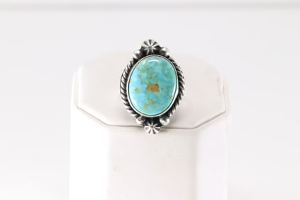 Native America Navajo Sterling Silver Kingman Turquoise Ring By Dixon.