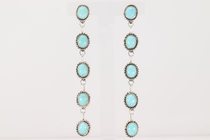 Native America Navajo Sterling Silver Kingman Turquoise Post / Dangling Earring's By Maxine Ramirez.