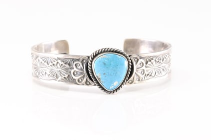 Native America Navajo Sterling Silver Kingman Turquoise Heart Bracelet Cuff By Sunshine Reeves.
