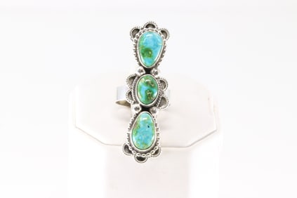 Native American Navajo Sterling Silver Sonora Gold Turquoise Ring 3 Stone By S.