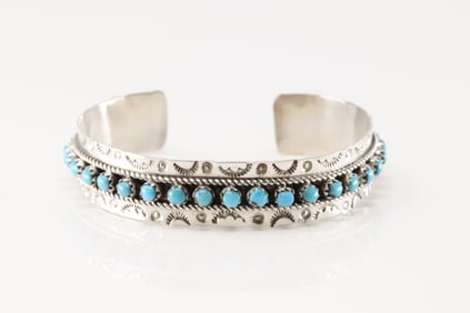 Native America Zuni Sterling Silver Turquoise Bracelet Cuff By Pearl Ukestine.