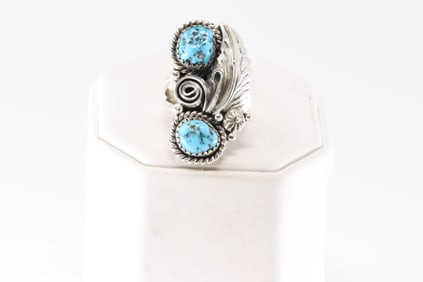 Native America Navajo Sterling Silver Turquoise Ring Leaf By L.Spencer.
