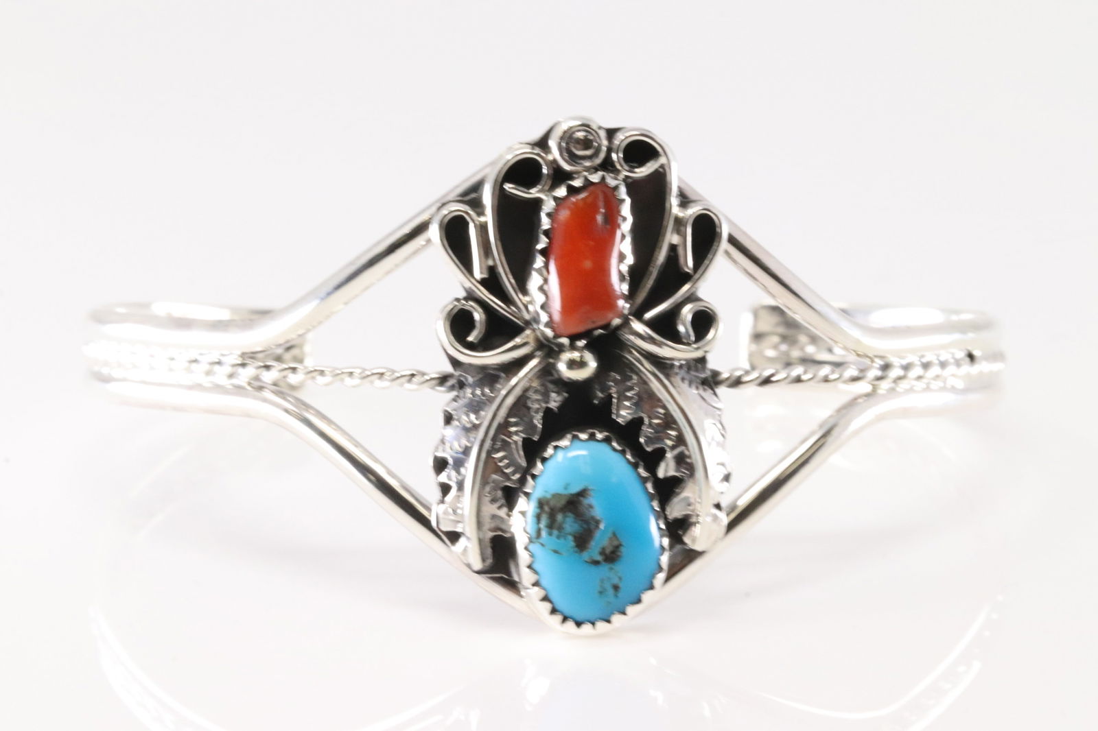 Native America Navajo Sterling Silver Coral & Turquoise Bracelet Cuff By Harry B.Yazzie.: This is a Native America Navajo Sterling Silver Coral & Turquoise Bracelet Cuff By Harry B.Yazzie.