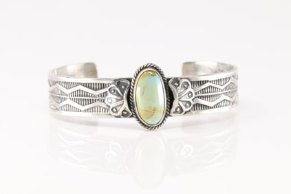 Native America Navajo Sterling Silver Kingman Turquoise Bracelet Cuff By Sunshine Reeves.