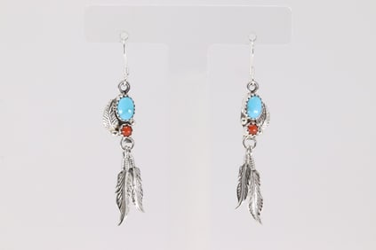 Native America Navajo Sterling Silver Coral & Turquoise Dangling Earring's By R.B.