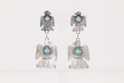 Native America Navajo Sterling Silver Turquoise Thunderbird Post / Dangling Earring's By Gabriela