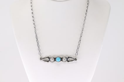 Native American Navajo Sterling Silver Turquoise Necklace By Marita Benally.