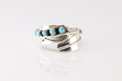 Native America Navajo Sterling Silver Turquoise Feather Ring By Aaron Davis.