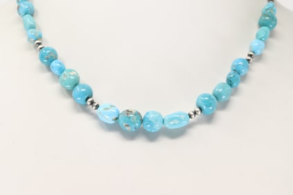 Native America Navajo Sterling Silver Pearl Beaded & Turquoise Necklace.