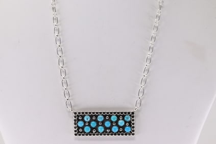 Native America Navajo Sterling Silver Turquoise Necklace By Kenny Lonjose.