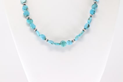 Native America Navajo Sterling Silver Pearl Beaded & Turquoise Necklace.