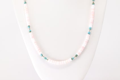 Native American Navajo Sterling Silver Pink Conch & Turquoise Necklace.