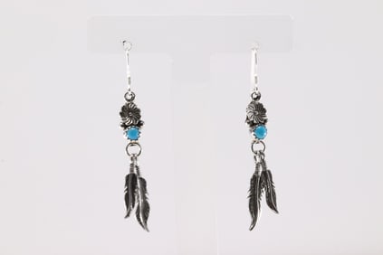 Native America Navajo Sterling Silver Turquoise Dangling Earrig's By Sharon McCarthy.