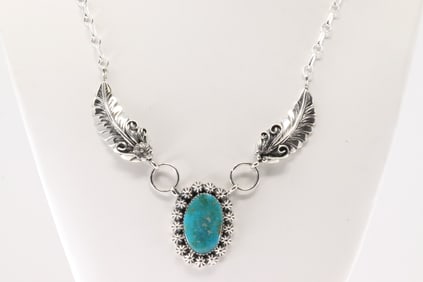Native America Navajo Sterling Silver Turquoise Necklace By Sandra Sardo.