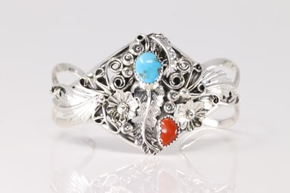 Native America Navajo Sterling Silver Coral & Turquoise Bracelet Floral Cuff By Harry B.Yazzie.