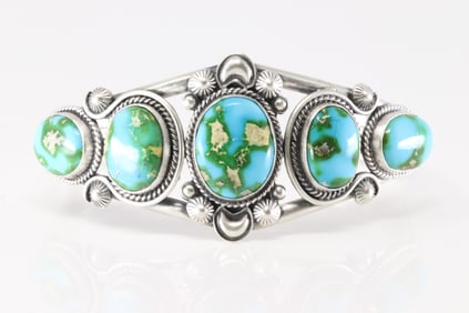 Native America Navajo Sterling Silver Sonora Gold Turquoise Bracelet Cuff By Derrick Gordan.