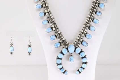 Native America Navajo Sterling Silver Golden Hill Turquoise Squash Necklace & Earring Set By T.