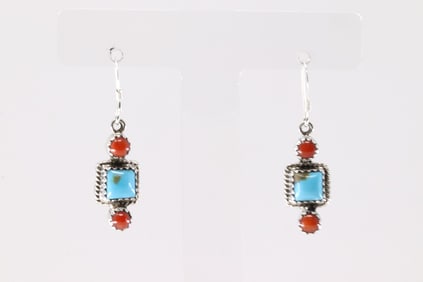 Native America Navajo Sterling Silver Coral & Turquoise Dangling Earring's By Gary Short.
