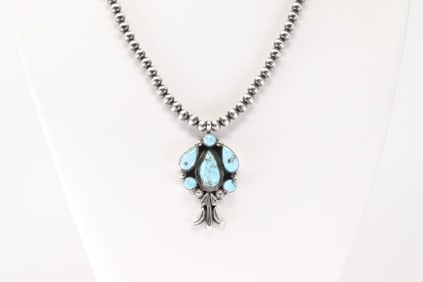 Native America Navajo Sterling Silver Turquoise Blossom Necklace By Bobby Platero.