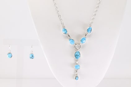 Native America Navajo Sterling Silver Kingman Turquoise Necklace & Earring's Set By S.H.