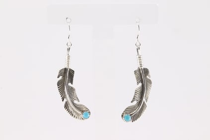 Native America Navajo Sterling Silver Turquoise Feather Dangling Earring's By Louise Joe.
