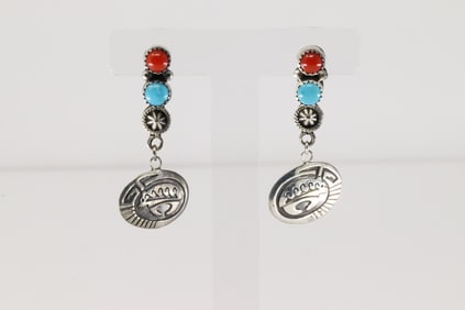 Native America Navajo Sterling Silver Coral & Turquoise Post / Dangling Earring's By Annette
