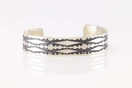 Native America Navajo Sterling Silver Solid Stamped Bracelet Cuff By Jerrold Tahe.