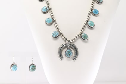 Native America Navajo Sterling Silver Kingman Turquoise Necklace & Earring's Set By S.F.