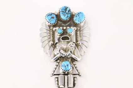 Native America Navajo Sterling Silver Kingman Turquoise Kachina Pin / Pendant By Doris Smallcany.