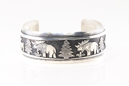 Native America Navajo Sterling Silver Stamped Design Bracelet Cuff By T&R Singer.