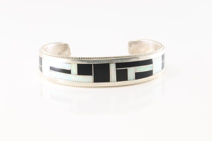 Native America Zuni Sterling Silver White Opal & Black Onyx Inlay Bracelet Cuff By Glendora Booqua.