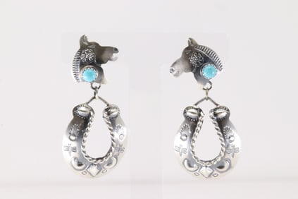 Native America Navajo Sterling Silver Turquoise Post Dangling Earring's By Loritta Chee.