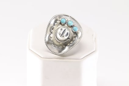 Native America Navajo Sterling Silver Turquoise Cowboy Hat Ring By Bobby Platero.