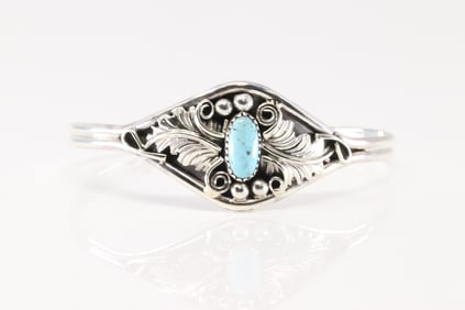 Native America Navajo Sterling Silver Turquoise Bracelet Cuff By Harry B.Yazzie.