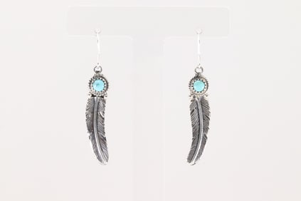 Native America Navajo Sterling Silver Turquoise Feather Dangling Earring's By Sharon McCarthy.