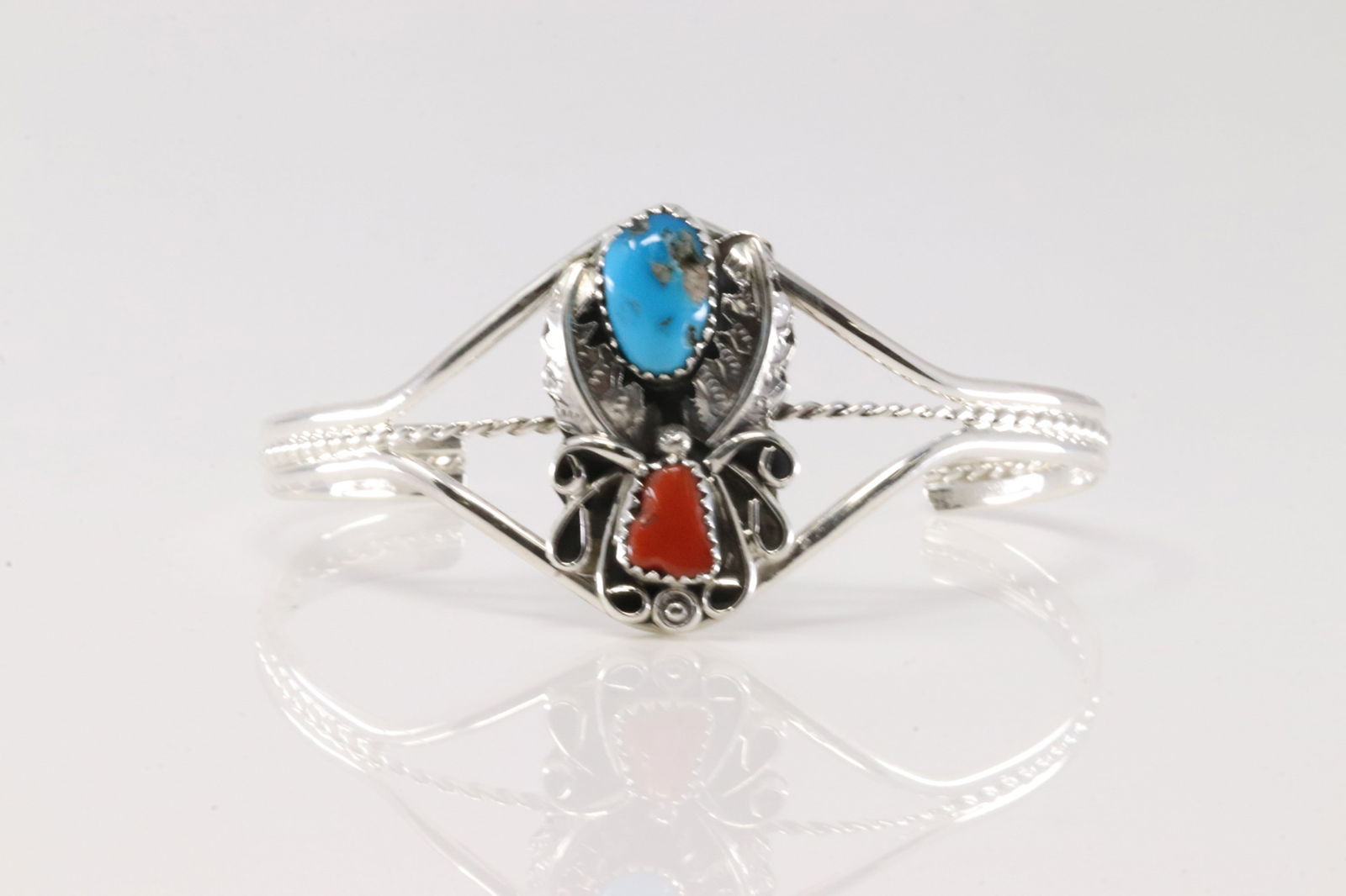 Native America Navajo Sterling Silver Coral & Turquoise Bracelet Cuff By Harry B.Yazzie.: This is a Native America Navajo Sterling Silver Coral & Turquoise Bracelet Cuff By Harry B.Yazzie.