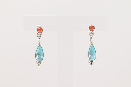 Native America Navajo Sterling Silver Coral & Turquoise Post / Dangling Earring's By Gary Shorty.