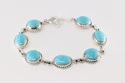 Native America Navajo Sterling Silver Turquoise Bracelet Link By Arlene Lewis.