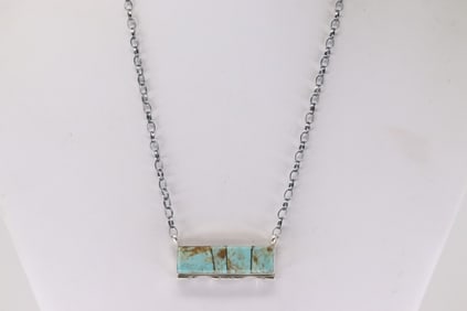 Native America Navajo Sterling Silver Turquoise Inlay Necklace By Steve Francisco.