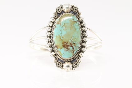 Native America Navajo Sterling Silver Kingman Turquoise Bracelet Cuff By Jennifer Cayaditto.
